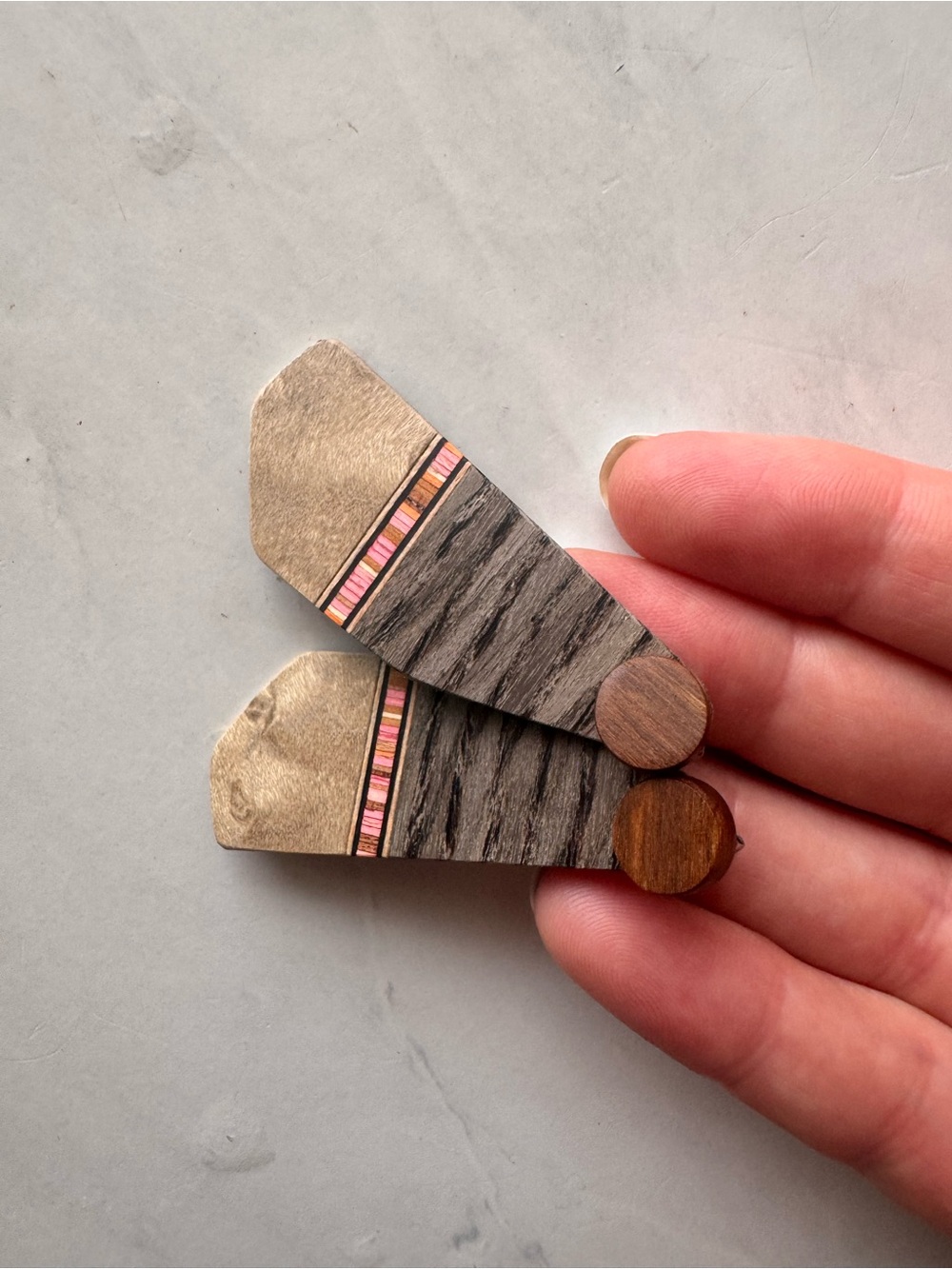 Handcrafted Geometric Wood Dangle Earrings Asymmetrical Brown Beige Pink Accent